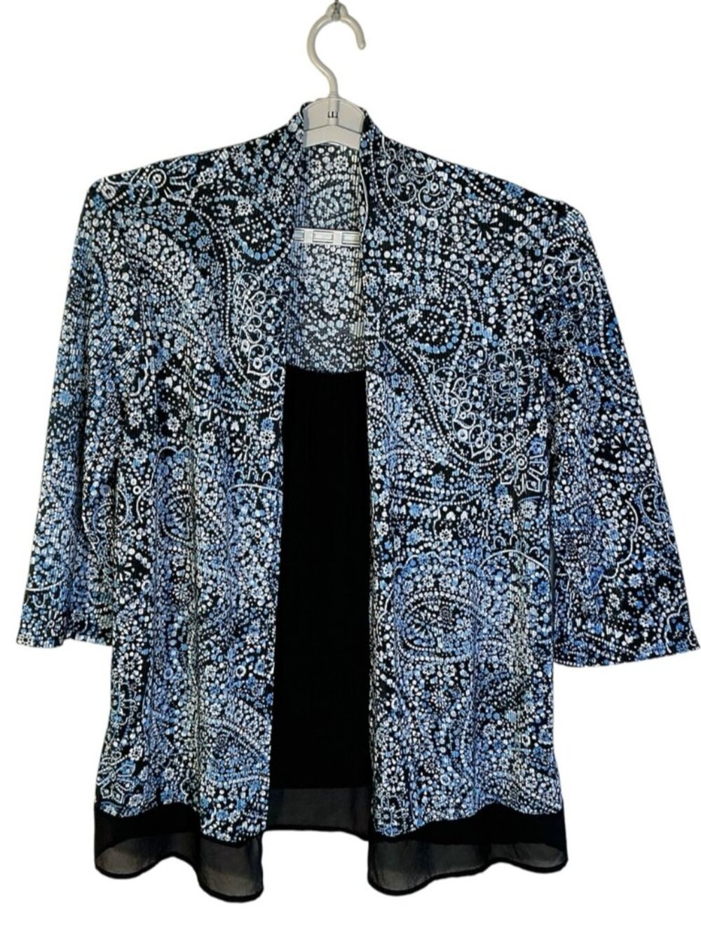 Notations Duet Top Layered Sheer 3/4 Sleeve Accordion Pleat Paisley Blue 1X